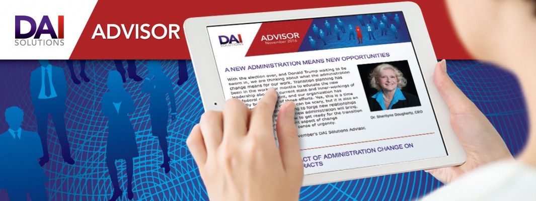 DAI Advisor header plus picture of the newsletter on a tablet computer