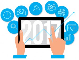 Illustration of hands on an tablet computer showing a positive trend line and the text "2017"
